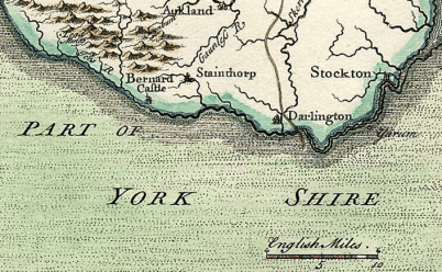 The market town of Stainthorp (Staindrop), in “A Map of the BISHOPRICK of DURHAM North from London” by T. Badeslade and W.H. Toms, 1741.